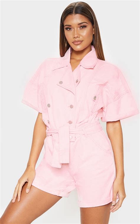 Pink Popper Detail Tie Waist Denim Playsuit Prettylittlething Ie