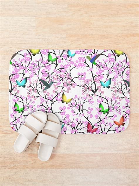 Cherry Blossoms With Butterflies And Birds Bath Mat By Irenza