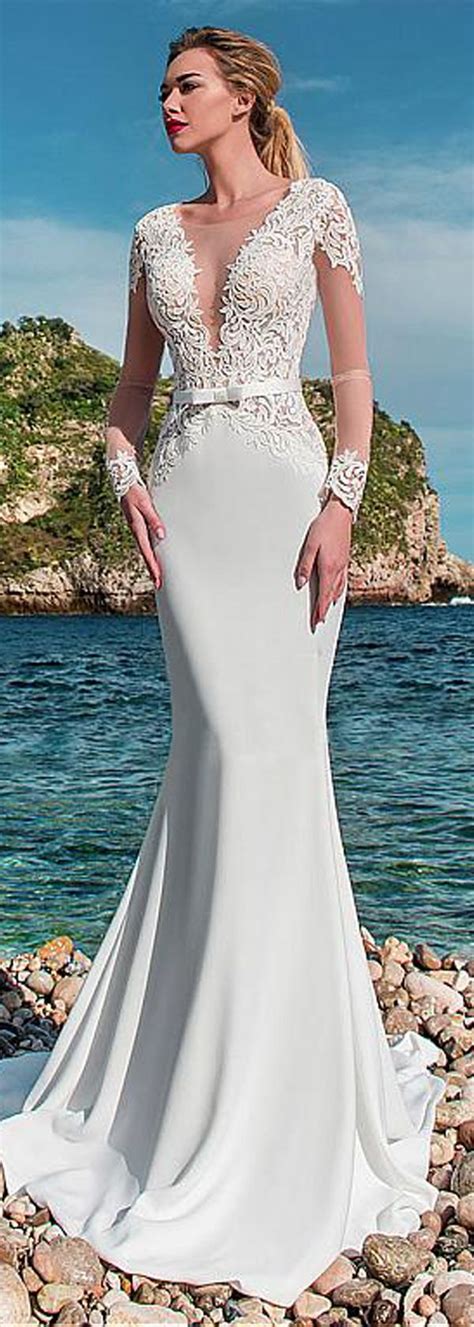 elegant tulle and acetate satin scoop neckline see through bodice mermaid wedding dress with lace