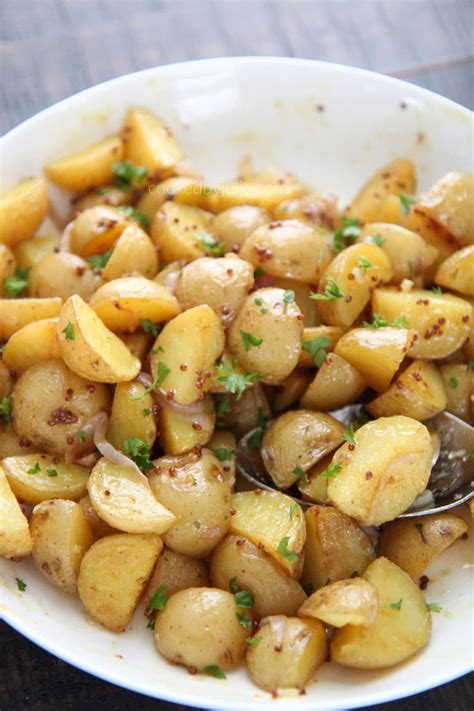 Some garlic powder sprinkled in at the end, and it was perfect. Warm honey mustard roasted potato salad. No mayo! # ...