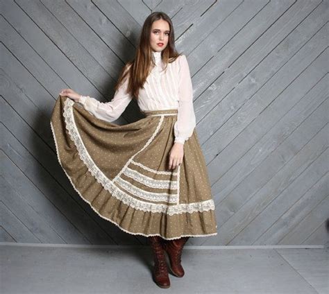 70s Gunne Sax Skirt Beige Floral Full Prairie Midi Xs S Etsy