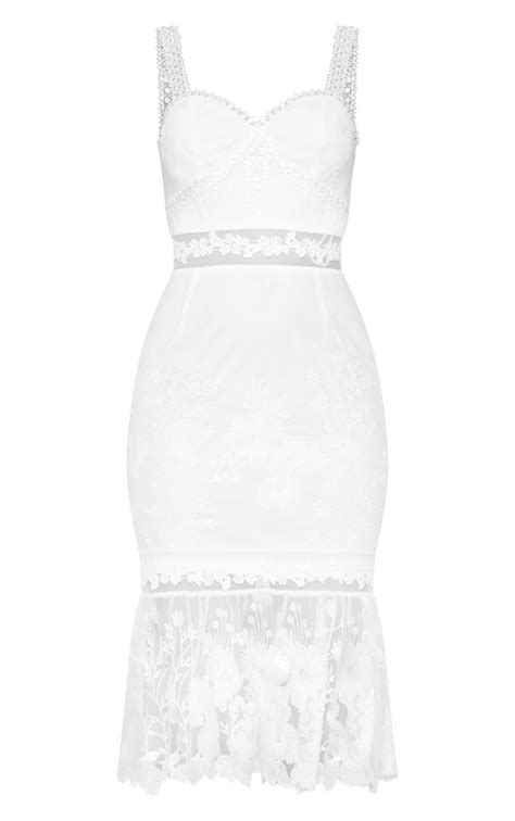 White Mixed Lace Midi Dress Dresses Prettylittlething Usa