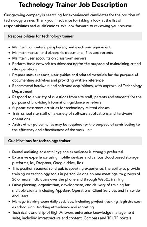 Technology Trainer Job Description Velvet Jobs