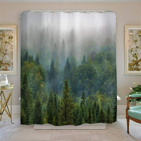 Green Gray Mist Pine Tree Forest Landscape Mountain Nature Fabric