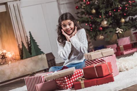 Happy New Year Girl With Presents Stock Photo Image Of Home