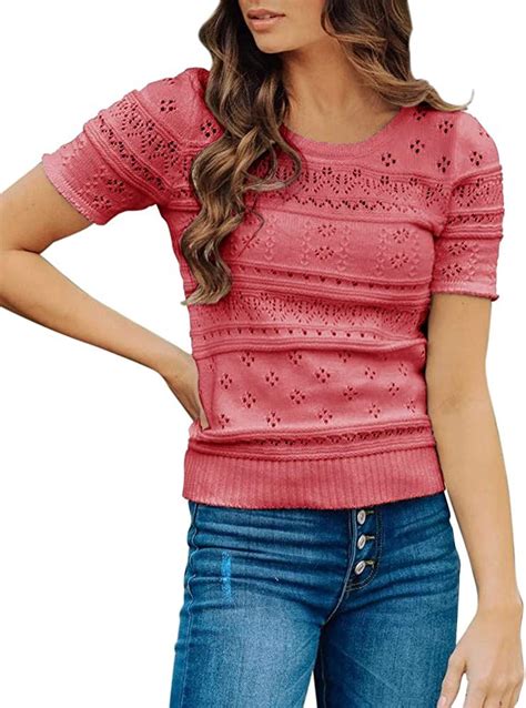 Foshow Womens Spring V Neck Short Sleeve Sweaters Shirts Loose Knit Dot