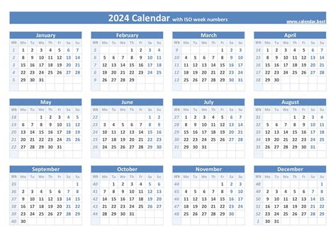 2024 One Page Yearly Calendar With Week Numbers Simple Calendar 2024