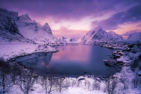 Cloud Dusk Earth Lake Mountain Reine Snow Sunset Winter Wallpaper