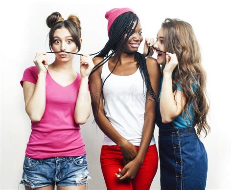 Diverse Multi Nation Girls Group Teenage Friends Company Cheerful Having Fun Happy Smiling