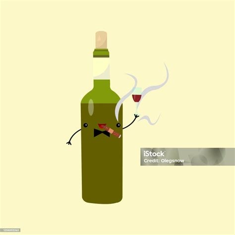 Karakter Kartun Botol Anggur Memegang Segelas Anggur Merah Di Tangannya Dan Merokok Cerutu