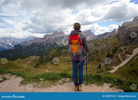 Tourist Girl At The Dolomites Stock Photo Image Of Pole Active 96997242