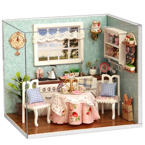 Dollhouse Miniature Dining Room Diy Kit With Cover And Led