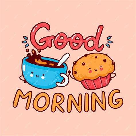 かわいい幸せなコーヒーマグとマフィンケーキ。フラットライン漫画カワイイキャラクターアイコン。手描きスタイルのイラスト。おはようカード、コーヒーとマフィンのポスターのコンセプト プレミアムベクター