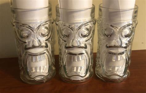 Set Of 3 Clear Screamin Tiki Glasses Anchor Hocking Tiki Mugs Ebay