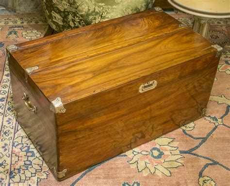 Trunk Vintage Camphorwood And Brass Bound With Rising Slatted Lid And