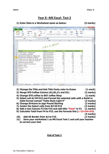 Ms Excel Practical Test For Year 78 And 9 Teaching Resources