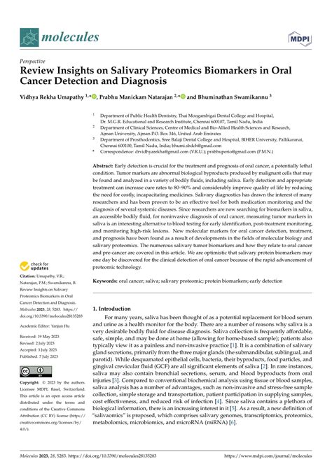 Pdf Review Insights On Salivary Proteomics Biomarkers In Oral Cancer