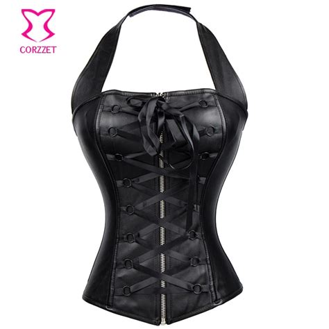 Gothic Black Lace Up Front Closure Corset Leather Halter Top