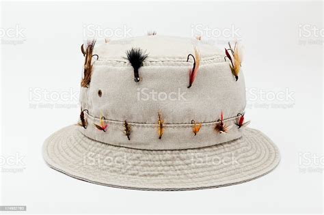 Bucket Hat With Flyfishing Flies Isolated On White Background Stock