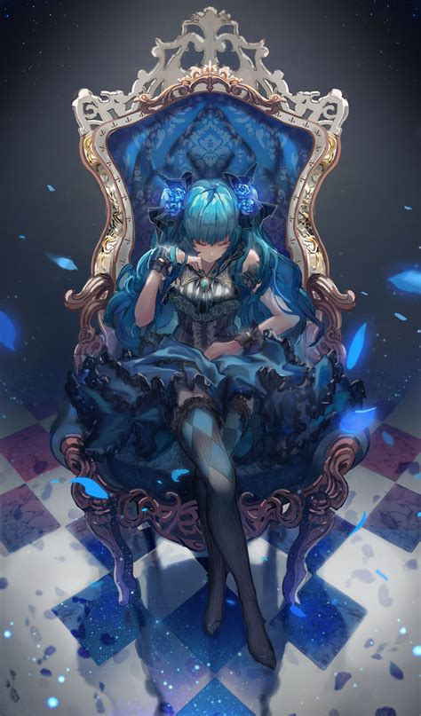 Hatsune Miku Blu Dress Throne Twintails Vocaloid Closed Eyes Anime