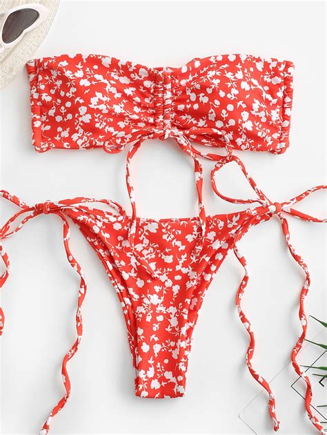 Zaful Multiway Ditsy Print Cinched String Bikini Swimwear In Red
