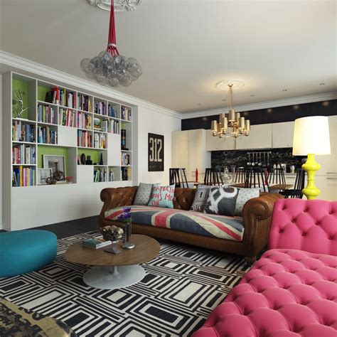 Massive table, chairs, upholstered furniture house interior will provide a lot of ideas, valuable information and visual content relating to living room design. Modern Pop Art Style Apartment