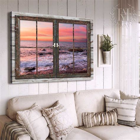 Hayooo Canvas Peaceful Coastal Scene Through Faux Window Wall Art For