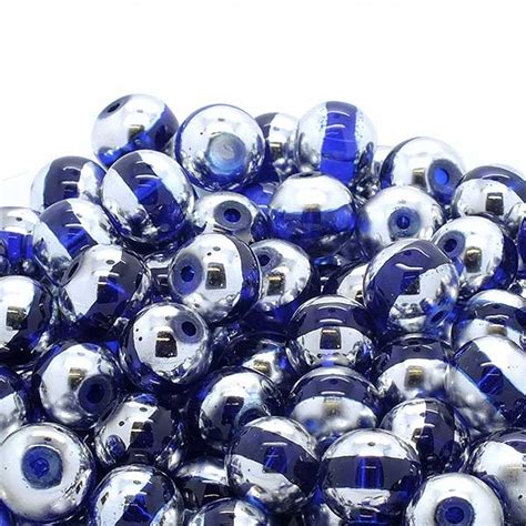 Glass Beads Stripy Round 12mm Silverblue 100g 40 Beads Beads