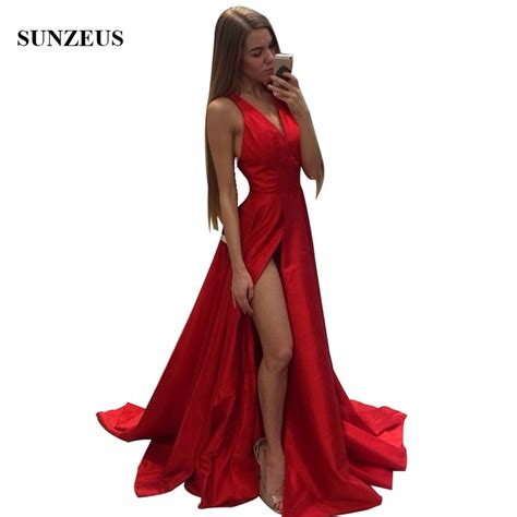 sexy red prom dresses a line v neck high leg slit girls party gowns simple split side long dress