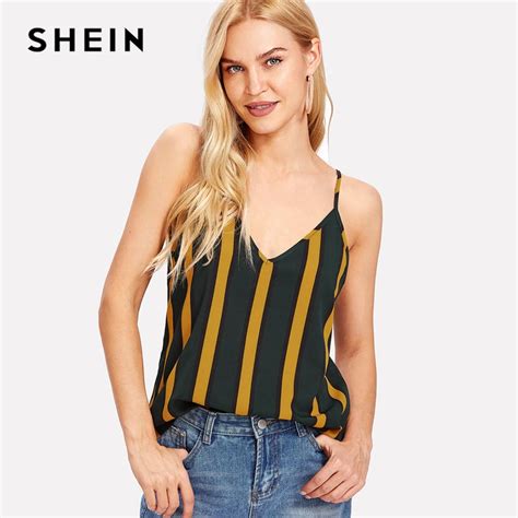 Shein Double V Neck Striped Cami Top Spaghetti Strap Casual Women Sexy