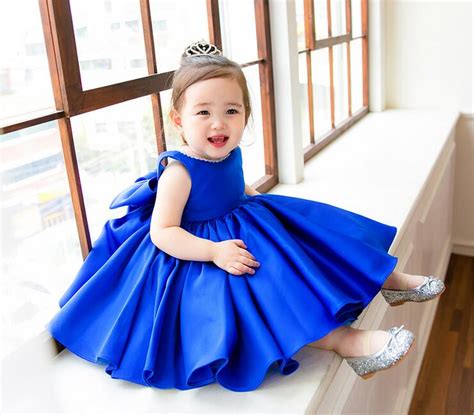 Top Quality Blue Satin Baby Ball Gown 1 Year Birthday Dress Flower Girl