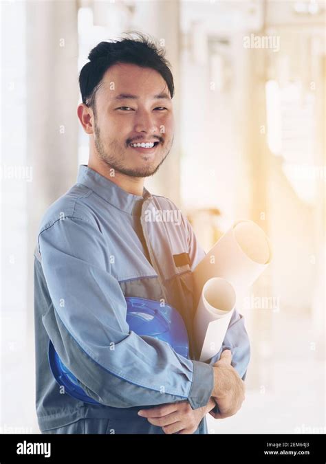 Portrait Of Happy Engineer East Asian Japanese Chinese Korean