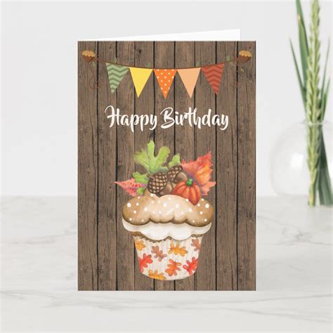 Cute Autumn Cupcake And Bunting Fall Birthday Card Size 5 X 7