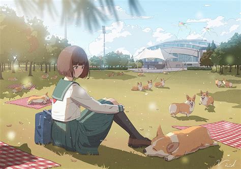 1080p Free Download Anime Girl Animal Brown Hair Dog Grass Park
