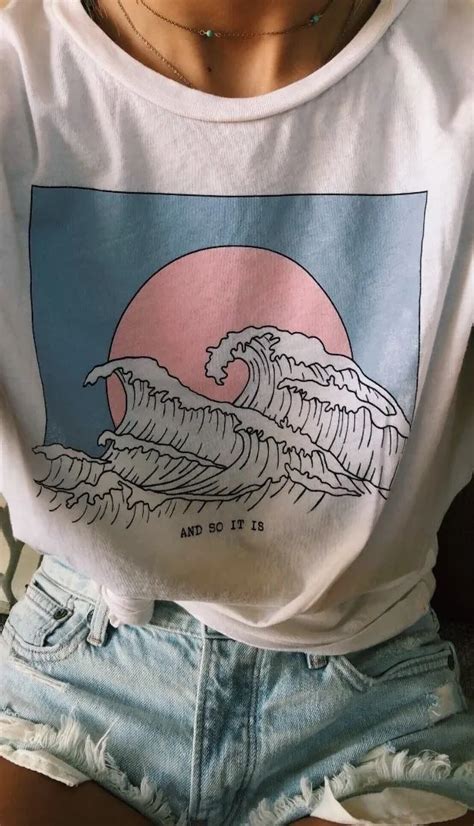 hahayuleand so it is ocean wave aesthetic t shirt women tumblr 90s fashion white tee cute summer