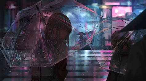 Girl Umbrella Anime Rain Street Night 4k Hd Wallpaper