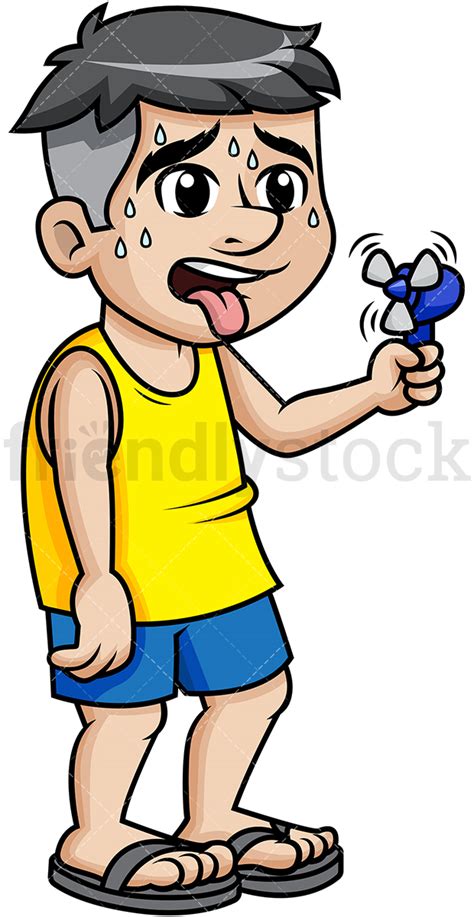 Sweating Man Cooling Off With Fan Cartoon Clipart