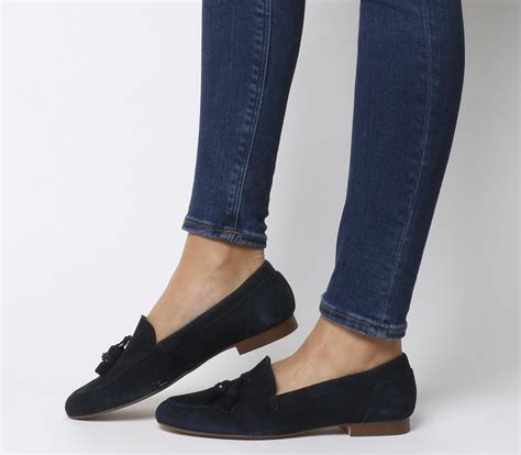 Office Retro Tassel Loafers Navy Suede Flat Shoes For Women