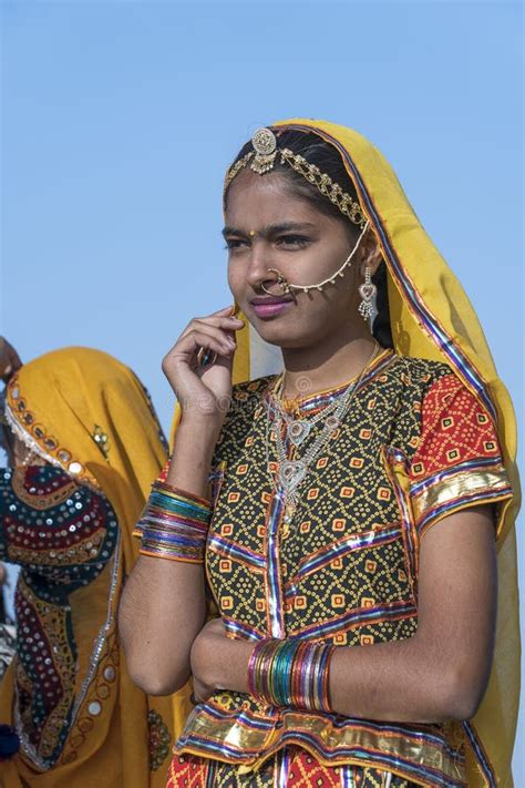 Indian Girls Wearing Traditional Rajasthani Dress Participate In Desert
