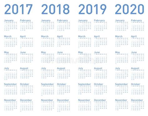 Vector Blue Calendar For Years 2017 2018 2019 And 2020 Stock Vector