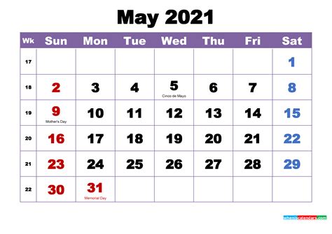 May 2021 Printable Calendar With Holidays Word Pdf