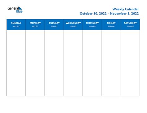 Weekly Calendar October 30 2022 To November 5 2022 Pdf Word Excel
