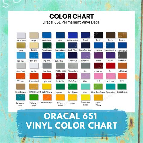Oracal 651 Color Chart Permanent Vinyl Color Chart Etsy
