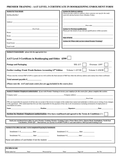 Fillable Online Aat Level 3 Bookkeeping Enrolment Form Premier