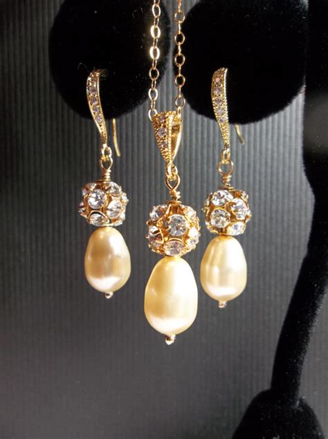 Pearl Drop Necklace And Earring Set Bridal Jewelry Gold Filled