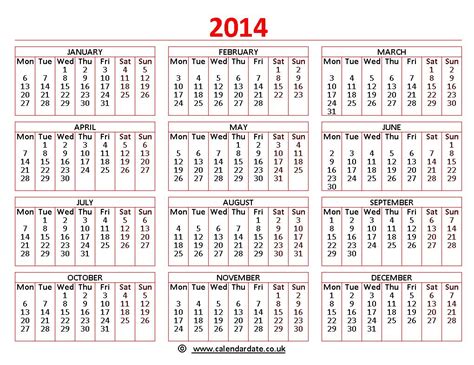 Printable 2014 Calendar Uk