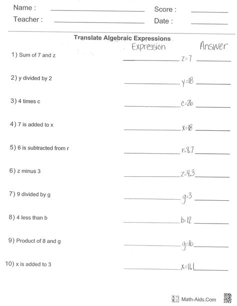 Equivalent Expressions Worksheet Grade 6
