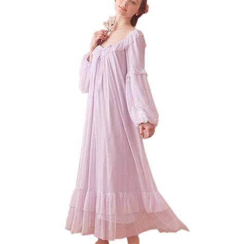 Nightgowns Womens Vintage Victorian Nightgown Long Sleeve Sheer Sleepwear Pajamas Nightwear