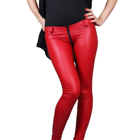Women Lady Sexy Low Rise Faux Leather Trousers Personalized Zip Crotch Casual Pants Tight Slim