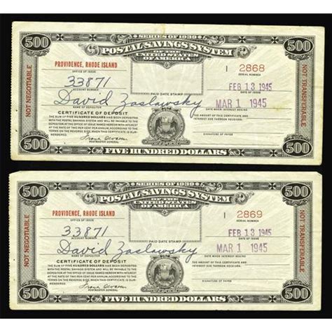 Postal Savings System Series 1939 500 Certificates Two